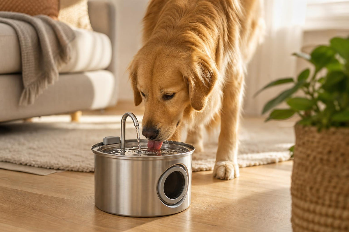 Golden Retriever drinking from HYRAVA fountain at home