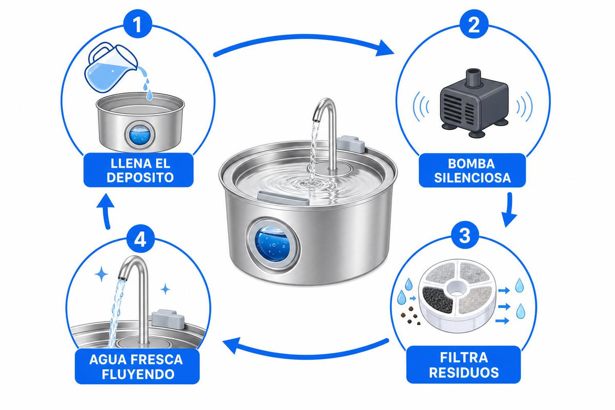 Como circula y filtra el agua HYRAVA - diagrama de 4 pasos